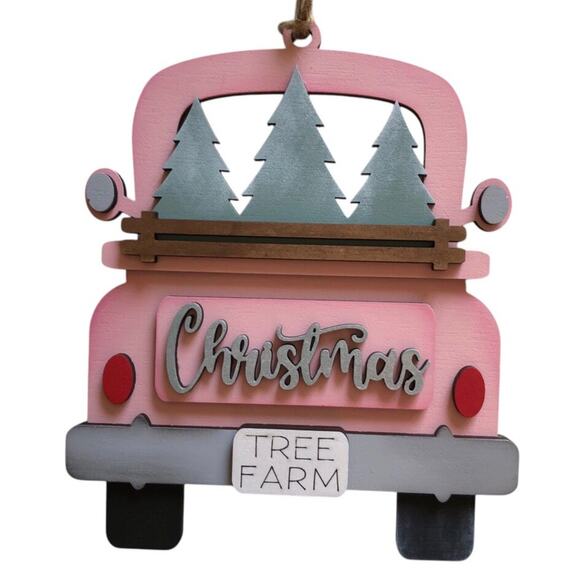 Whimsical Pink “Christmas Tree Farm” Truck Ornament - Pink Hand Painted Wood - Picture 1 of 4